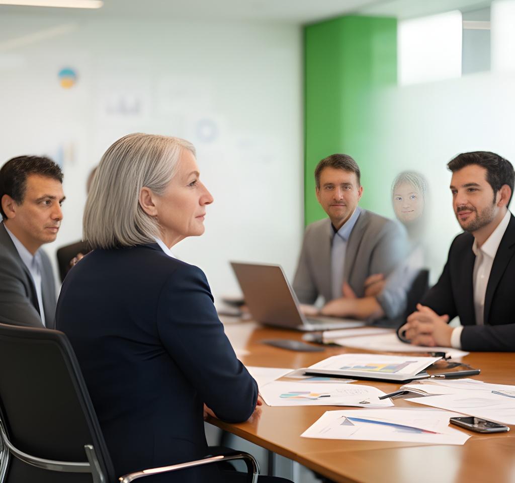 Senior HR consultant leading a strategy session with Dublin business leaders in a bright boardroom