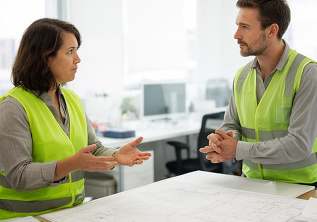 Union representative and project manager meeting in a bright site office with plans spread across a desk