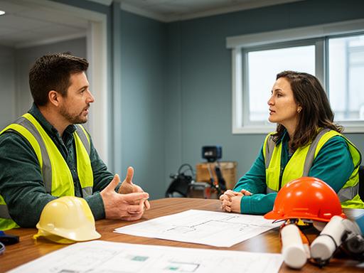 Union liaison discussion in a meeting room with hard hats and project drawings on the table