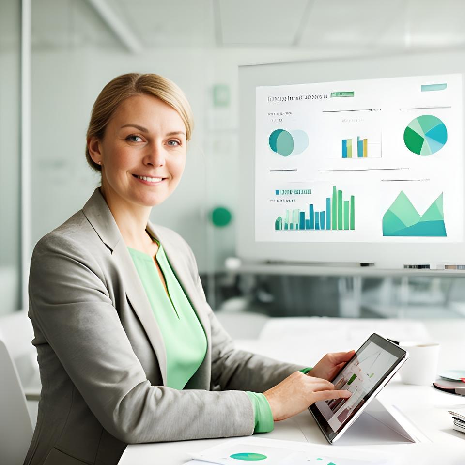 HR consultant reviewing healthcare staffing plans in a bright Dublin meeting room with charts and tablets