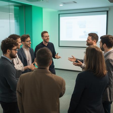 Small group discussing hybrid team management around a presentation screen
