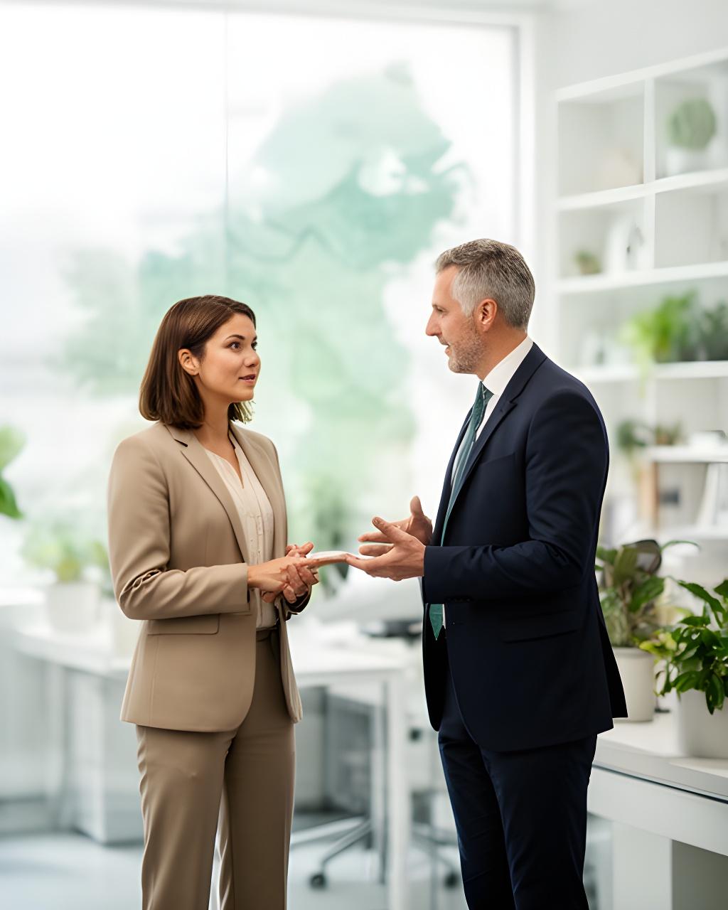 Confident HR consultant meeting an Irish business leader in a bright Dublin office with a subtle map of Ireland behind them