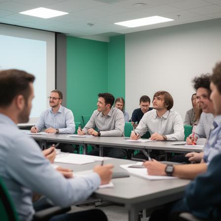Leadership workshop in progress with managers taking notes in a training room